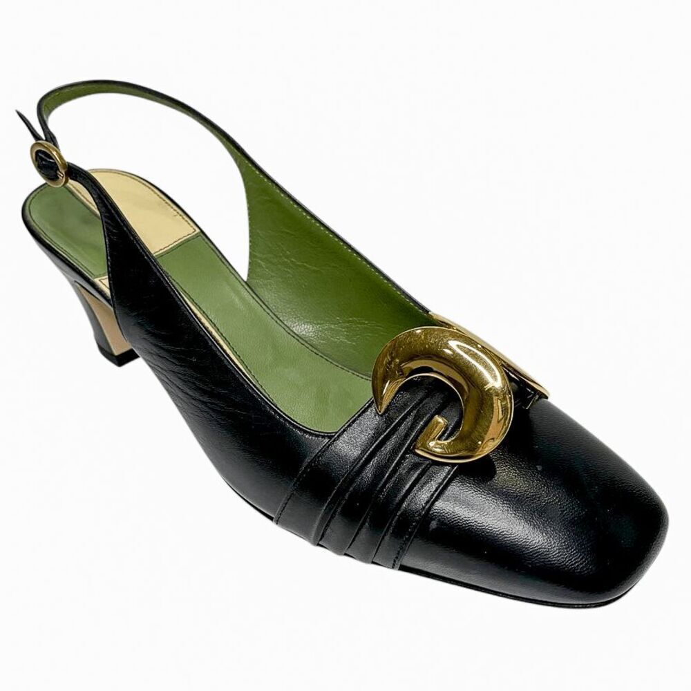 Gucci Double GG Logo Half Moon Slingback Pump Black Mid Block Heel Leather EU 36